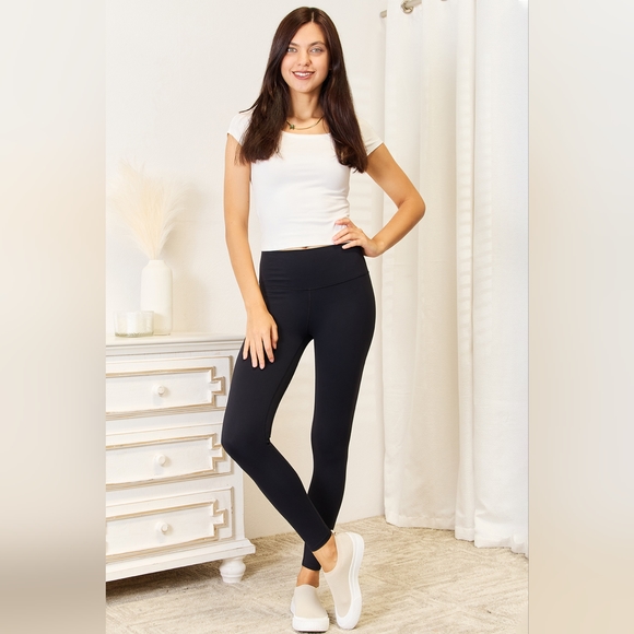 Double Take Black Workout Wide Waistband Sports Leggings - Picture 1 of 7